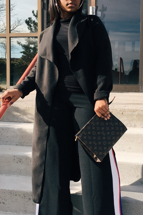  Trendy Turndown Collar Long Sleeves Black Cotton Long Wool Coat