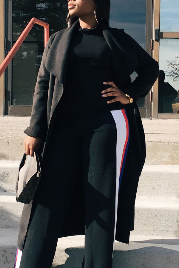  Trendy Turndown Collar Long Sleeves Black Cotton Long Wool Coat