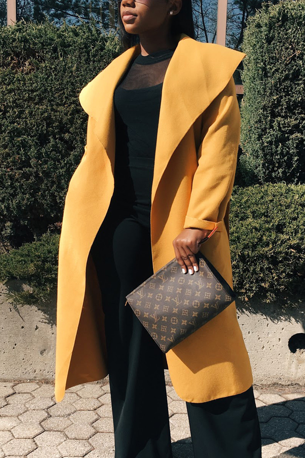  Trendy Turndown Collar Long Sleeves Yellow Cotton Long Wool Coat