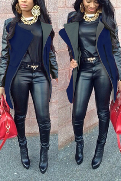 Fashion Turndown Collar Long Sleeves Zipper Design Patchwork Navy Blue Long Wool Coat