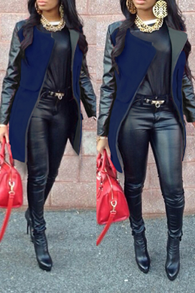 Fashion Turndown Collar Long Sleeves Zipper Design Patchwork Navy Blue Long Wool Coat