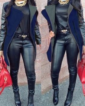 Fashion Turndown Collar Long Sleeves Zipper Design Patchwork Navy Blue Long Wool Coat Fashion Turndown Collar Long Sleeves Zipper Design Patchwork Navy Blue Long Wool Coat