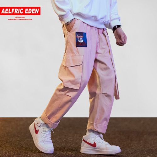 Aelfric Eden Men Joggers Hip Hop Harem Streetwear Pants Ribbons Letter Embroidery Casual Trousers Popular Pink Cargo Pants UR45