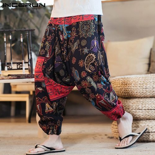 INCERUN 2019 Men Harem Pants Print Retro Drop Crotch Joggers Cotton Trousers Men Baggy Loose Nepal Style Men Casual Pants S-5XL