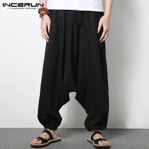 INCERUN Plus Size 5XL Men's Pants Harem Hiphop Loose Wide Pant Cotton Big Drop Crotch Joggers Dance Trousers Male Clothing