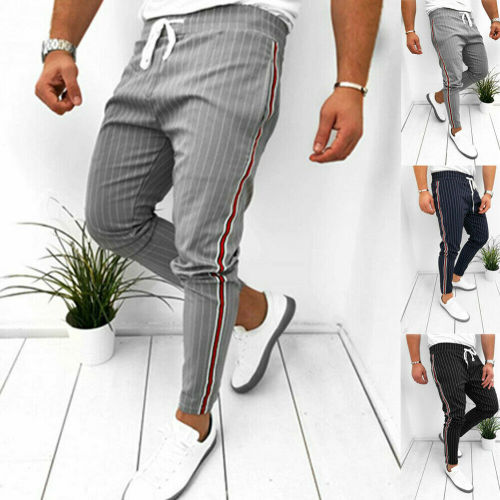 Men's Casual Pants Ankle-Length Elastic Strap Striped Jogger Sports Fitness Sweatpants Long Pants