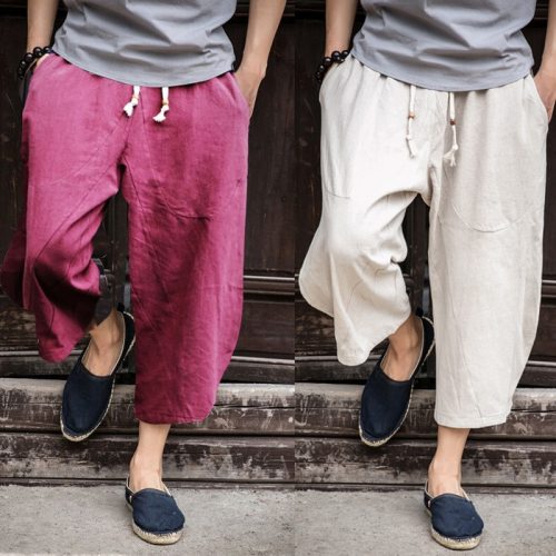 Sinicism Store Man Linen Cropped Cross Pant Trouser Men Casual Wide-Legged Bloomers Summer 2019 Male Traditional Nepal Trousers