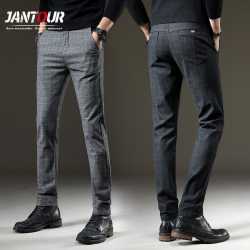 jantour Brand Pants Men Casual Elastic Long Trousers Male Cotton lattice straight gray Work Pant men's autumn Large size 28-38