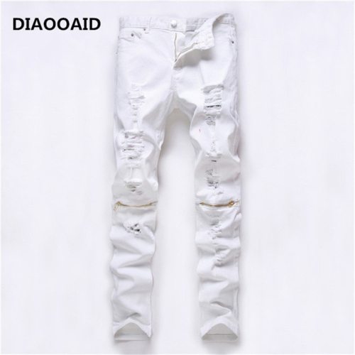 2018 new fashion high street men's jeans zipper knee knocked ragged hole male club denim fabric elastic skinny ripped trousers