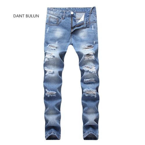 2019  New Fashion Men Holes Jeans European High Street Motorcycle Biker Jeans Men Hip Hop Ripped Slim Jeans pants Dropshipping