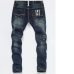 2019 New Hole Ripped Stretch Famous Fashion Designer Button Jeans Men Straight Dark Blue Color Printed Mens Jeans Ripped Jeans