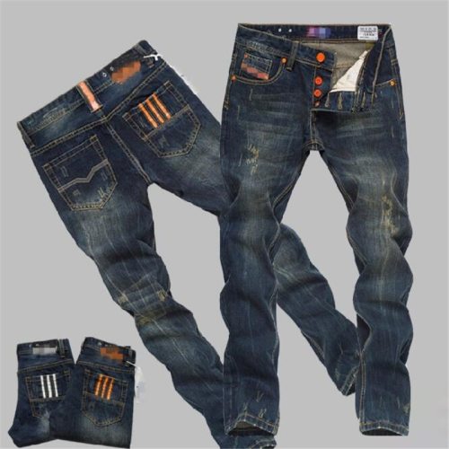 2019 New Hole Ripped Stretch Famous Fashion Designer Button Jeans Men Straight Dark Blue Color Printed Mens Jeans Ripped Jeans