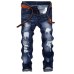 Famous TANGYAXUAN Brand Fashion Designer Jeans Men Straight Dark Blue Color Printed Mens Jeans Ripped Jeans,96% Cotton