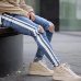 Fashion Skinny Jeans High Waist Hole Street Blue Denim Jeans Men Side Stripe Pants Stripe Ripped Elastic Slim Pencil Jeans