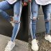 Fashion Skinny Jeans High Waist Hole Street Blue Denim Jeans Men Side Stripe Pants Stripe Ripped Elastic Slim Pencil Jeans