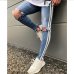 Fashion Skinny Jeans High Waist Hole Street Blue Denim Jeans Men Side Stripe Pants Stripe Ripped Elastic Slim Pencil Jeans