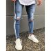 Fashion Skinny Jeans High Waist Hole Street Blue Denim Jeans Men Side Stripe Pants Stripe Ripped Elastic Slim Pencil Jeans