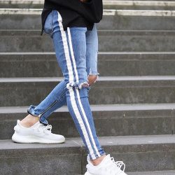 Fashion Skinny Jeans High Waist Hole Street Blue Denim Jeans Men Side Stripe Pants Stripe Ripped Elastic Slim Pencil Jeans