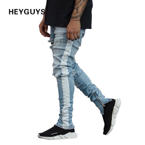 HEYGUYS new fashion pants men skinny jeans Men streetwear ripped jeans for man Fitted Bottoms zipper hip hop jeans homme denim