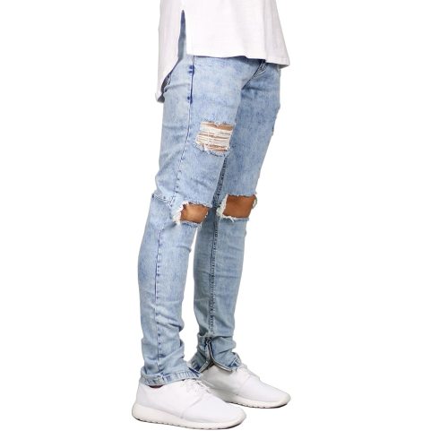 Men Jeans Stretch Destroyed Ripped Design Fashion Ankle Zipper Skinny Jeans For Men E5020