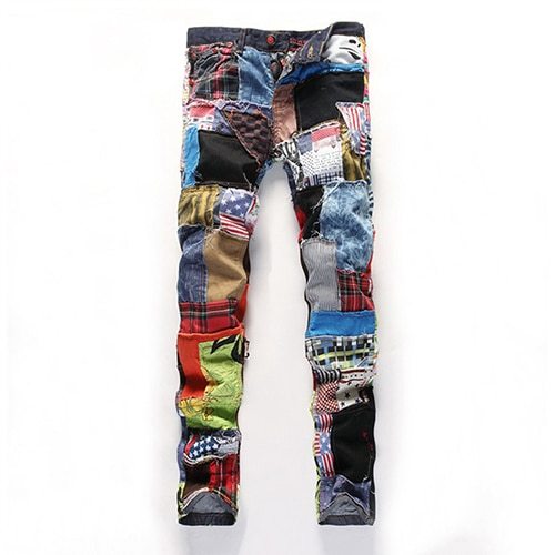 Men's Fashion Cool Style Multicolor Patchwork Straight Tube Full Length Button Jeans