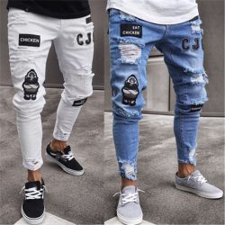 Men's Fashion Vintage Ripped Jeans  Skinny Slim Fit Zipper Denim Pant Destroyed Frayed Trousers Cartoon Style Pants Dropshipping