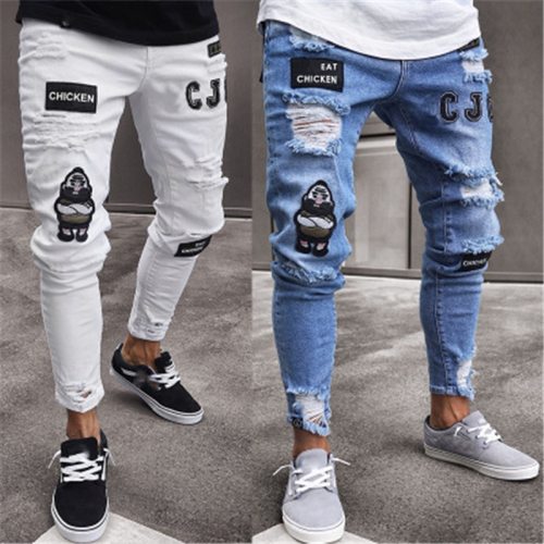 Men's Fashion Vintage Ripped Jeans  Skinny Slim Fit Zipper Denim Pant Destroyed Frayed Trousers Cartoon Style Pants Dropshipping