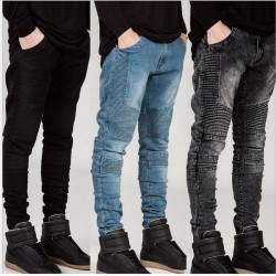 Streetwear Mens Ripped Biker Jeans homme Men's fashion Motorcycle Slim Fit Black White Blue Moto Denim Pants Joggers Skinny Men