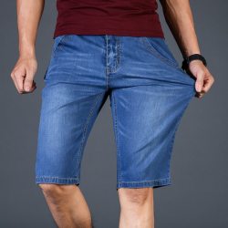 2019Summer Brand Stretch Thin high quality cotton Denim Jeans male Short Men Knee Length Soft blue casual Shorts Plus Size 28-46