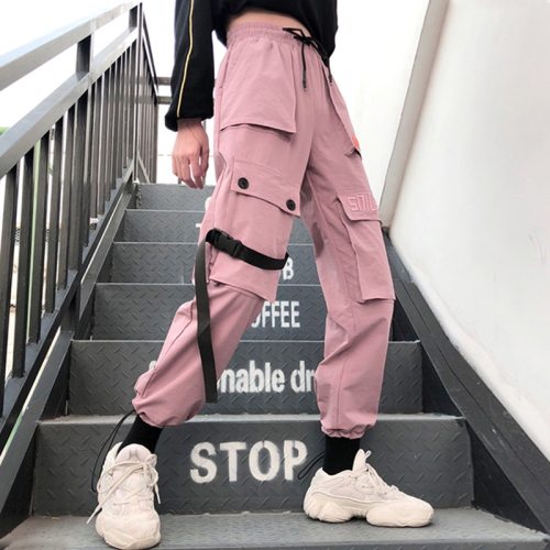 Autumn Streetwear women's pants embroidery Casual Cargo Pants Women Joggers Solid Big Pocket Pants High Waist Loose Female Pants