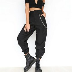 Black Khaki Women Casual High Waist Cargo Pants Ladies Loose Fashion Solid Trousers Side Pockets Elastic Waist Capris Hot Sale