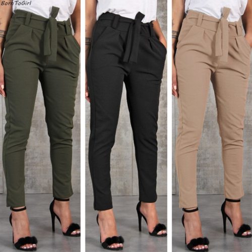 BornToGirl Casual Slim Chiffon Thin Pants For Women High Waist Black Khaki Green Pants