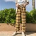 CamKemsey Vintage Yellow Plaid Japanese Harajuku Summer Pants Women Casual Drawstring Ankle Length Loose Wide Leg Cotton Pants