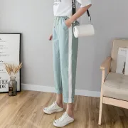 Cotton Linen Ankle Length Pants Women's Spring Summer Casual Trousers Pencil Casual Pants Striped Women's Trousers Green Pink