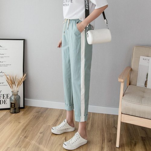 Cotton Linen Ankle Length Pants Women's Spring Summer Casual Trousers Pencil Casual Pants Striped Women's Trousers Green Pink