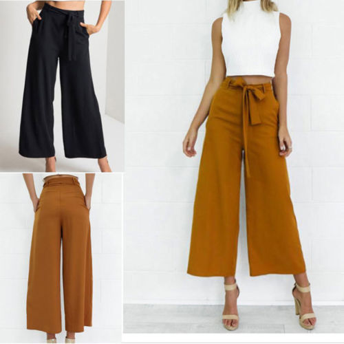 Fashion Womens Palazzo Pants Culottes Loose High Waist Wide Solid Leg Long Trousers Solid Summer Autumn