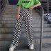 Focal20 Streetwear Plaid Women Pants Elastic Waist Full Length Checkered Black and White Casual Loose Straight Trousers