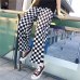 Focal20 Streetwear Plaid Women Pants Elastic Waist Full Length Checkered Black and White Casual Loose Straight Trousers