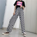 Focal20 Streetwear Plaid Women Pants Elastic Waist Full Length Checkered Black and White Casual Loose Straight Trousers