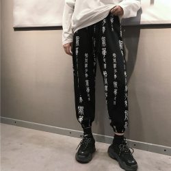 Harajuku Pants Women Elastic Waist Fashion Chinese Characters Printed Loose Calf-Length Pant