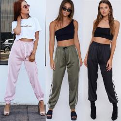 High arrival Women Sexy Pants Striped Side Loose Drawstring Elastic High Waist Slim Pencil Casual Long Trouser