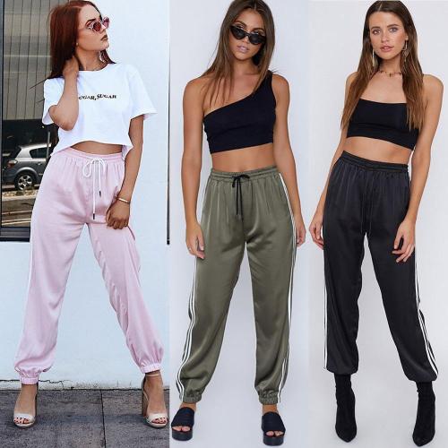 High arrival Women Sexy Pants Striped Side Loose Drawstring Elastic High Waist Slim Pencil Casual Long Trouser