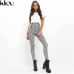 Kliou 2019 Gray White Plaid Pants Sweatpants Women Side Stripe Trousers Casual Cotton Comfortable Elastic Pants Joggers