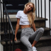 Kliou 2019 Gray White Plaid Pants Sweatpants Women Side Stripe Trousers Casual Cotton Comfortable Elastic Pants Joggers