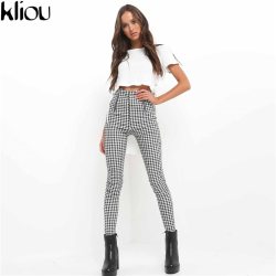 Kliou 2019 Gray White Plaid Pants Sweatpants Women Side Stripe Trousers Casual Cotton Comfortable Elastic Pants Joggers