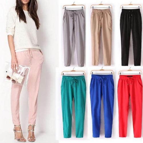 Laamei Women Casual Harem Pants Loose Trousers Women Elastic High Waist Casual Pants Office OL Pants Lady Pants Thin Summer