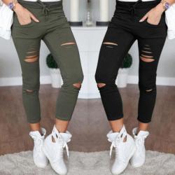 New 2019 Skinny Jeans Women Denim Pants Holes Destroyed Knee Pencil Pants Casual Trousers Black White Stretch Ripped Jeans