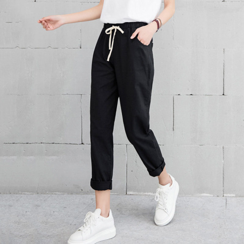 New Women Casual Harajuku Spring Autumn Big Size Long Trousers Solid Elastic Waist Cotton Linen Pants Ankle Length Haren Pants