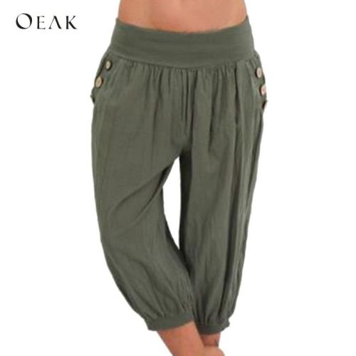 OEAK Women 5XL Plus Size Loose Pants Buttons Casual Elastic Low Waist Harem Pants Capris Female Solid Trousers Summer Pantalones