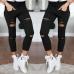 Plus Size 4XLFashion Women Casual Holes Destroyed Knee Skinny Thin Pencil Pants Trousers Black White Stretch Ripped Pants  2019